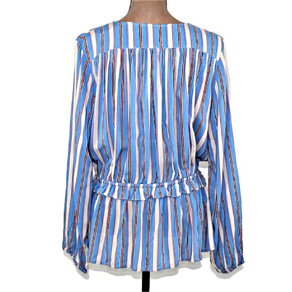 NEW Blue Coral Striped Button Down Drawstring Ruffle Waist Top Blouse Boho $44 - Picture 4 of 8